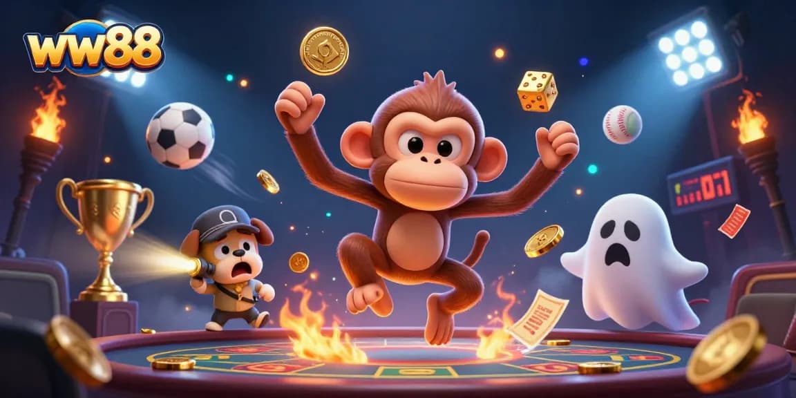 Experience thrilling gameplay at ww88 with a poltergeist monkey juggling golden coins in a haunted casino.
