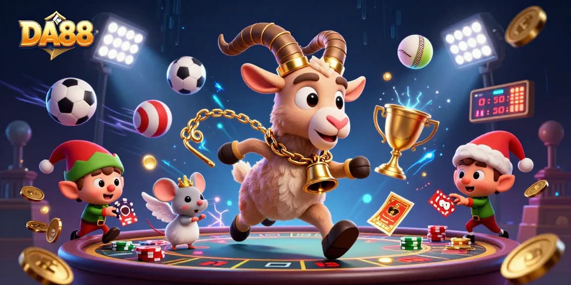 DA88 features a vibrant, festive casino scene with Krampus and playful elf gremlins engaging in gaming.