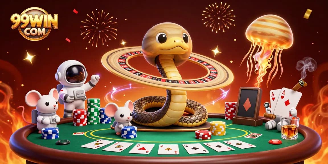 Experience excitement at 99WIN COM with a vibrant cosmic casino scene showcasing unique characters.
