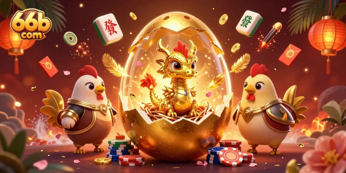 Experience the thrill of winning at 66b com with this vibrant 3D illustration of a golden dragon amidst poker chips.