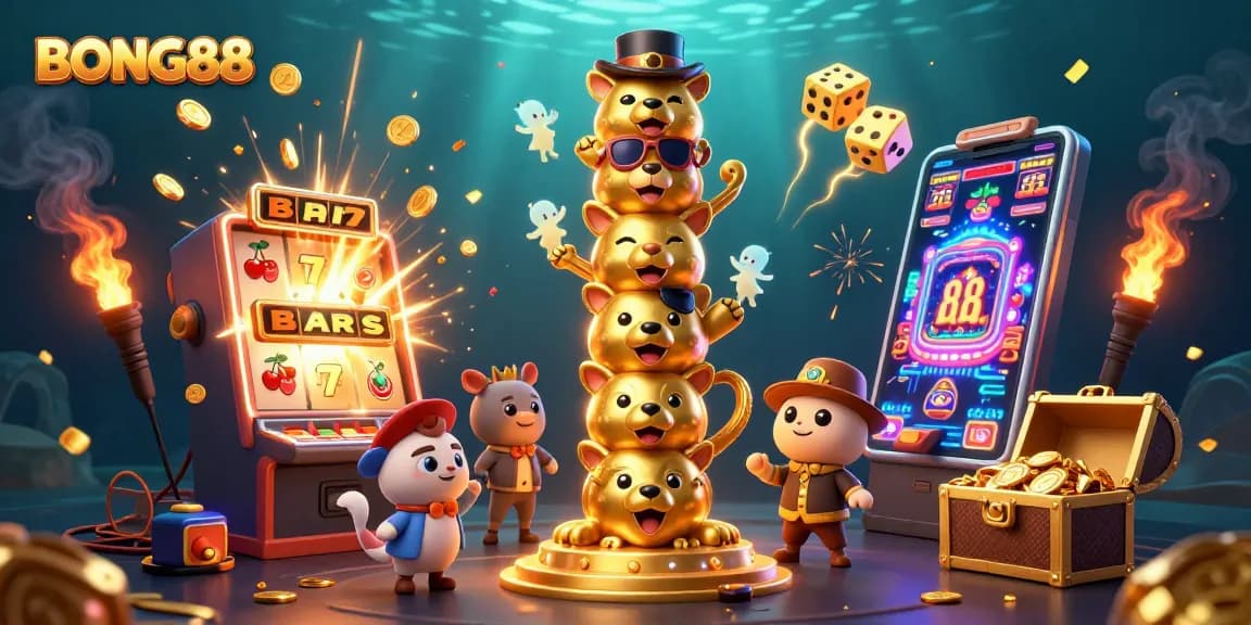 Engage with the BONG88 casino experience through vibrant totem pole and dynamic gaming elements.