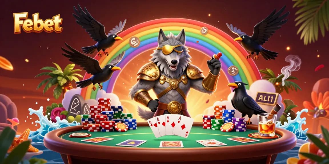 Play at Febet, where the Odin wolf leads a thrilling poker game amidst vibrant casino elements.