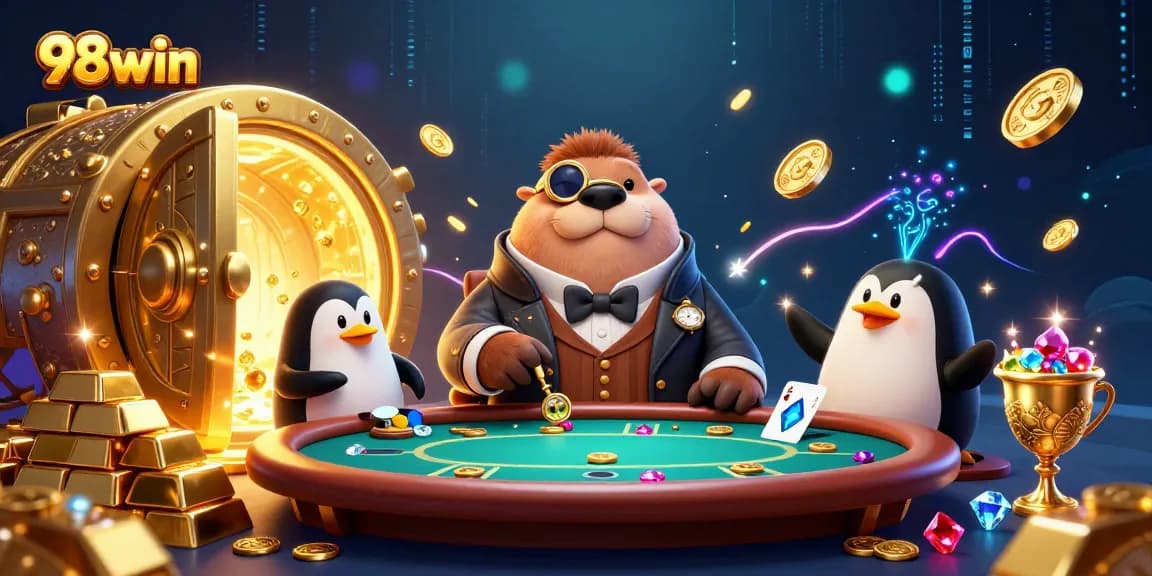Engage in exciting poker action at 98win with a cartoon walrus, penguin dealer, and pufferfish bluffing.