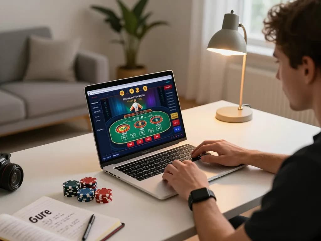 Engaged player enjoying New88 online casino experience with a live dealer, strategic notes nearby
