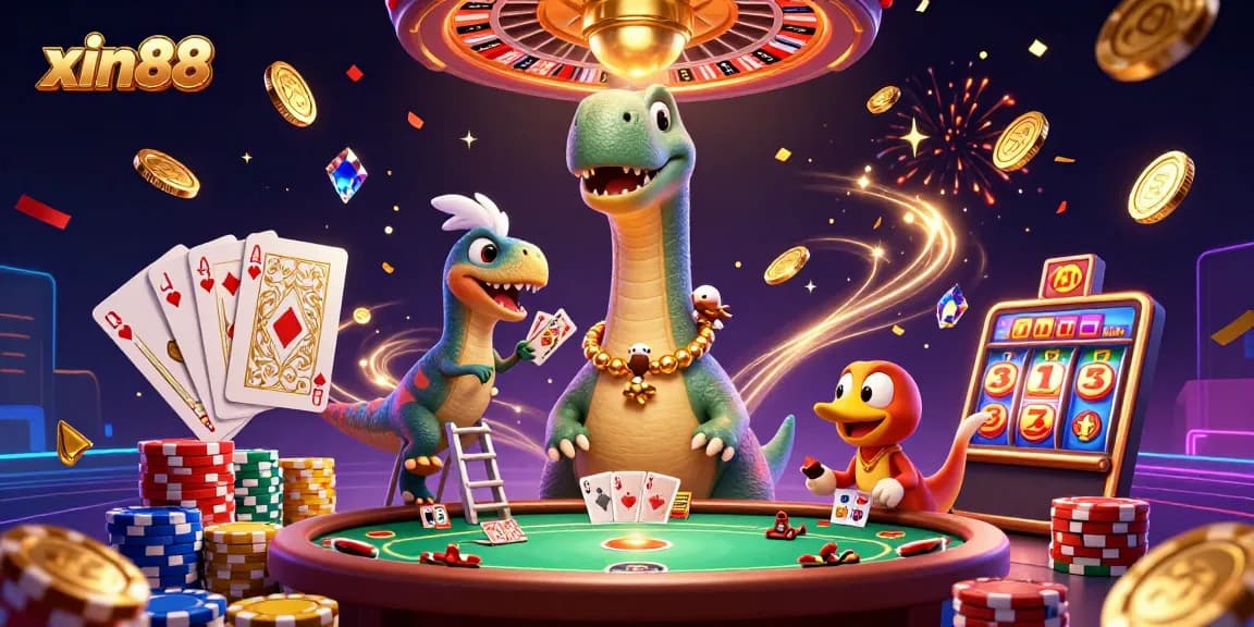 Win big at xin88 while enjoying a lively 3D illustration of a casino scene with exciting gaming elements.
