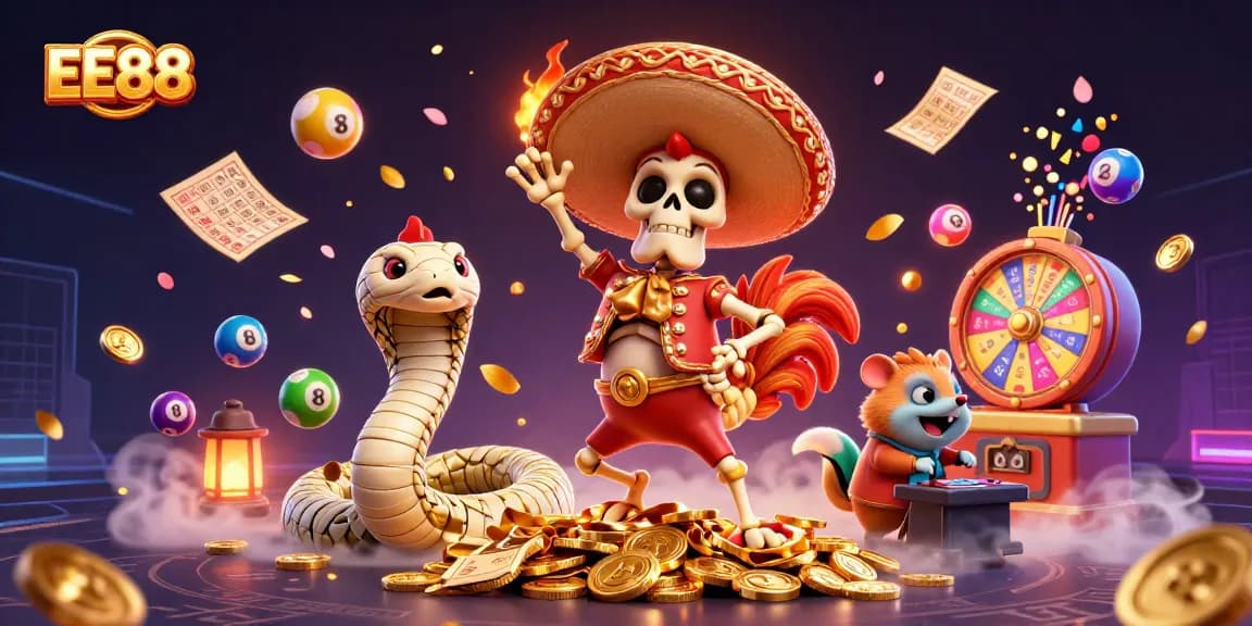 Experience the vibrant EE88 casino scene with lively characters celebrating huge wins amidst dynamic lottery elements.
