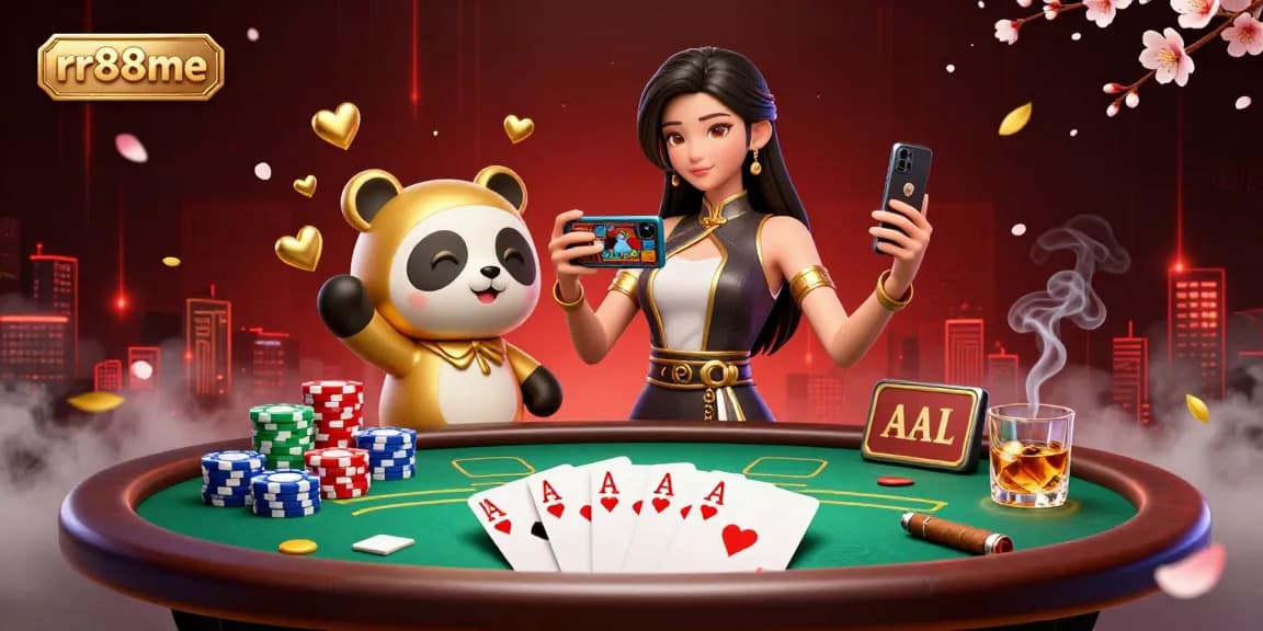 Play the latest casino games at rr88me while enjoying a vibrant, dynamic scene with poker chips and aces.