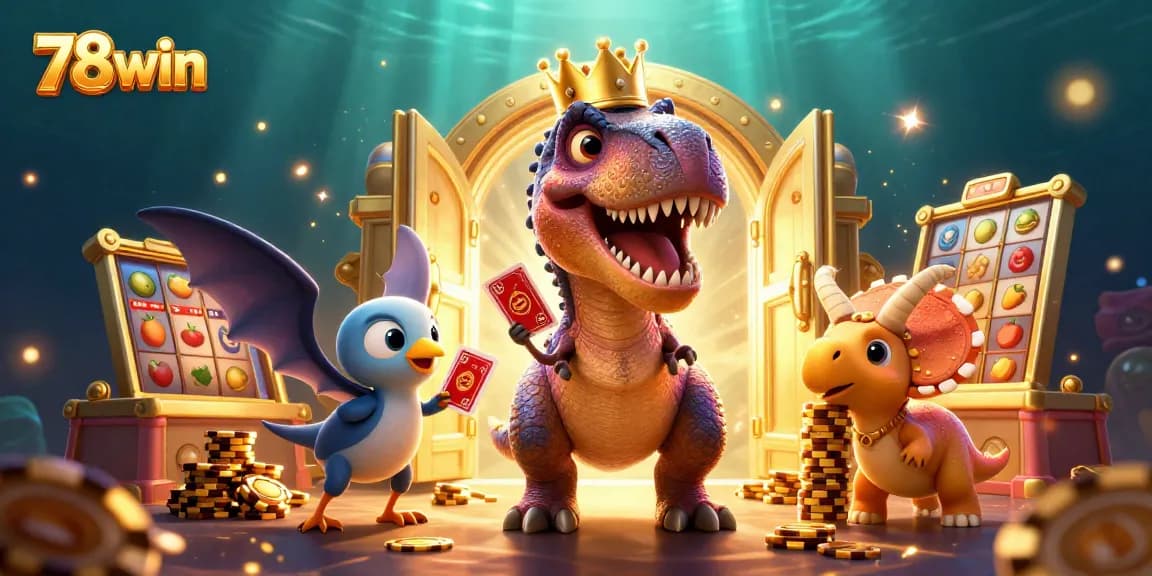 Engaging gameplay at 78win, where a T-Rex and friends shuffle cards and stack chips.