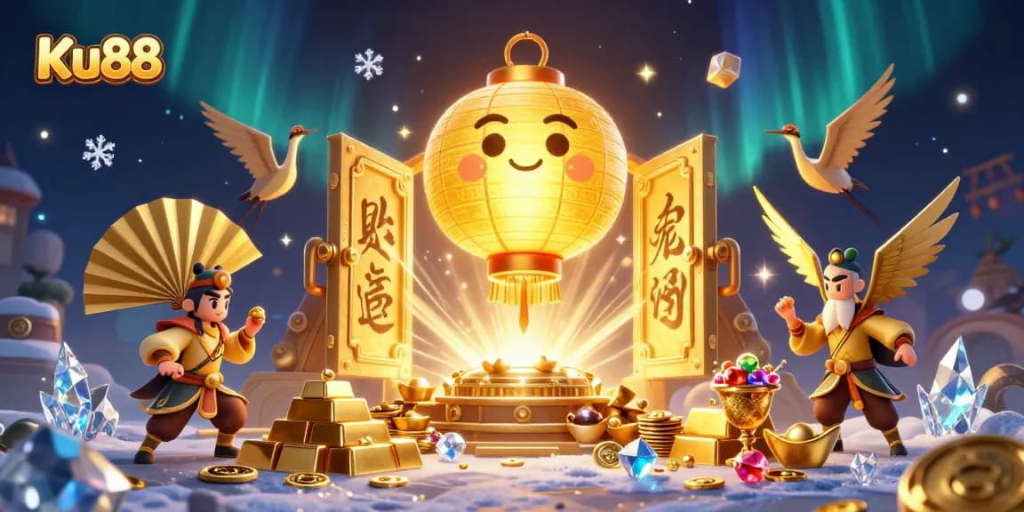 Play at Ku88 casino surrounded by gold, gems, and lucky symbols in a vibrant night market