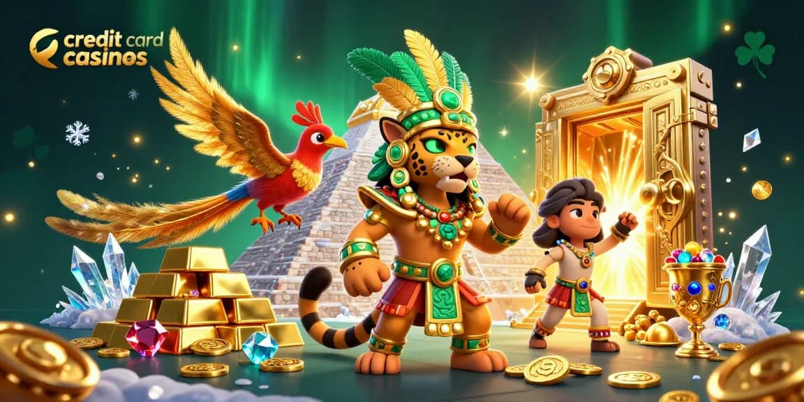 Engage with credit card casinos through a vibrant 3D scene featuring a Mayan jaguar priest and treasure.