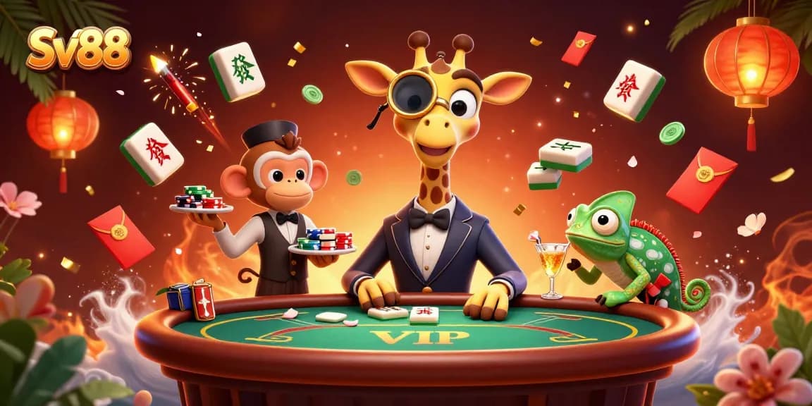 Experience thrilling gameplay at Sv88 with this vibrant animated casino scene featuring unique characters and game elements.