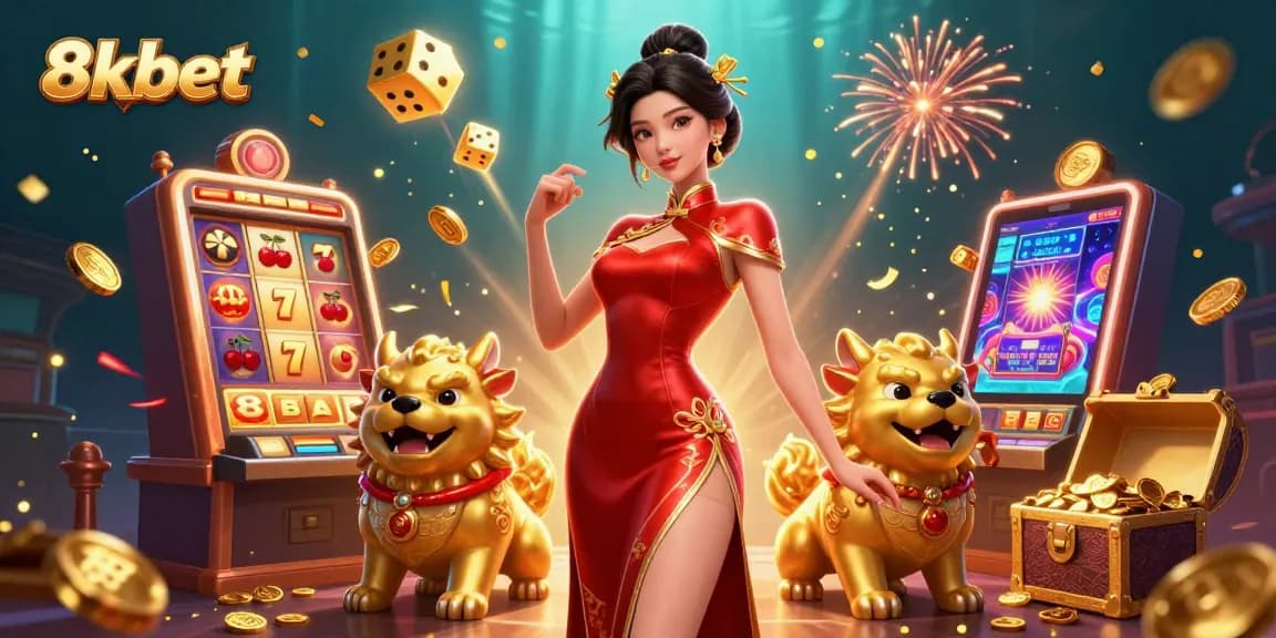 Win big with 8xbet's vibrant casino illustration featuring dynamic games and festive elements.