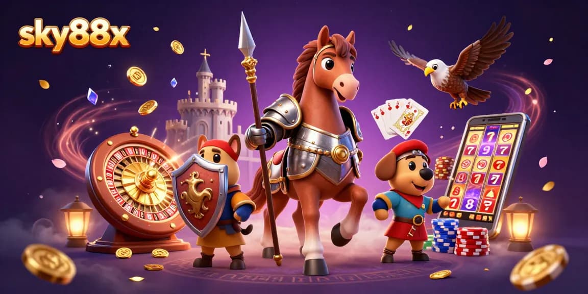 Engage with sky88x's thrilling gaming adventure featuring a knight, puppy, and falcon among casino riches.
