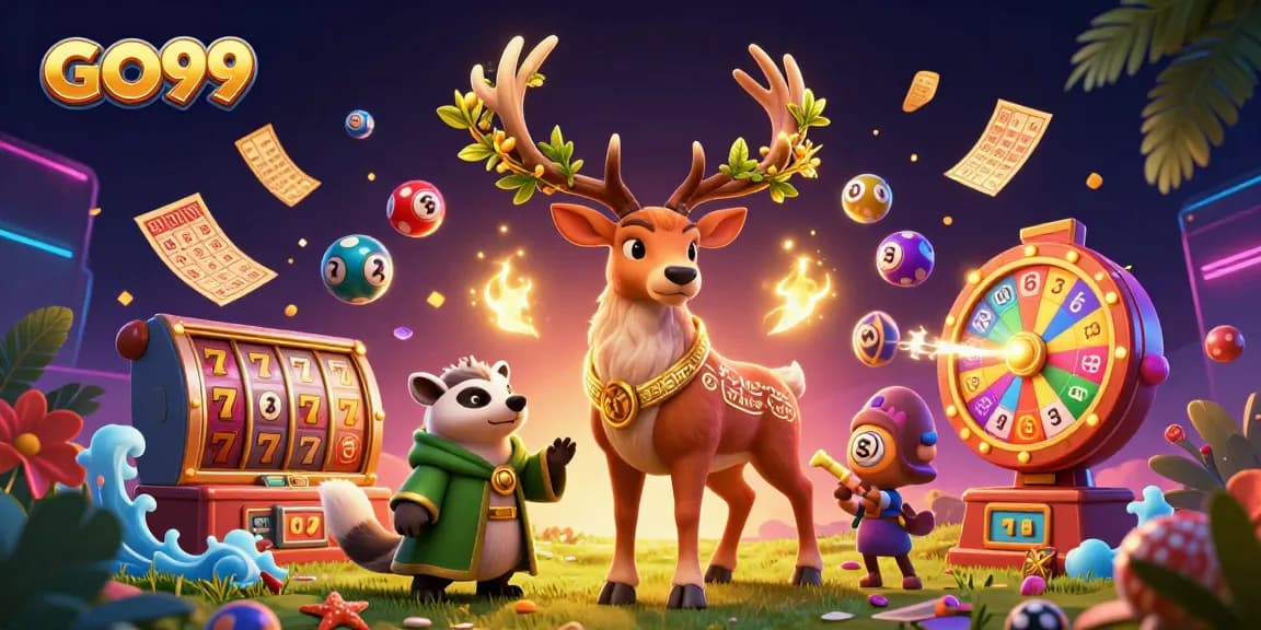Experience GO99's thrilling slots and jackpots with immersive, colorful casino elements in an exciting illustration.