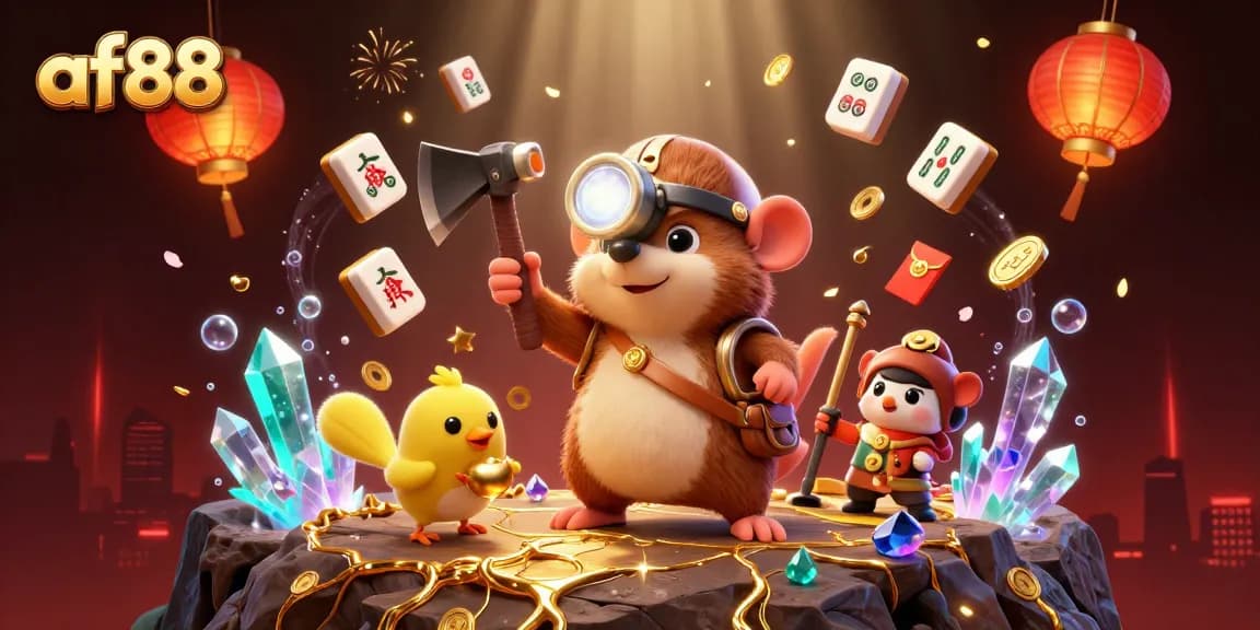Spin the reels with af88’s treasure hunter in a vibrant 3D casino scene filled with winning gems and coins.