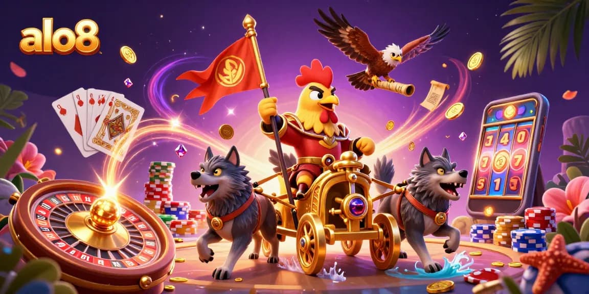 Engage in thrilling gameplay at alo8, featuring a dynamic scene with a rooster warlord and golden symbols.