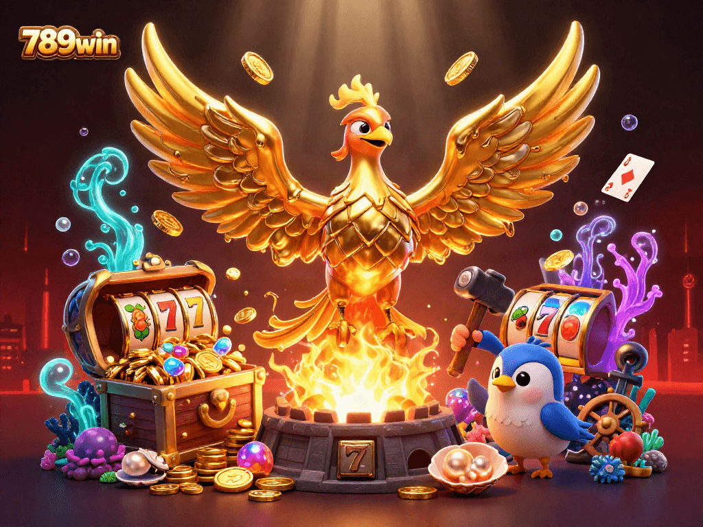 Immerse in the vibrant 789win casino world with the golden phoenix and treasure-filled slots.