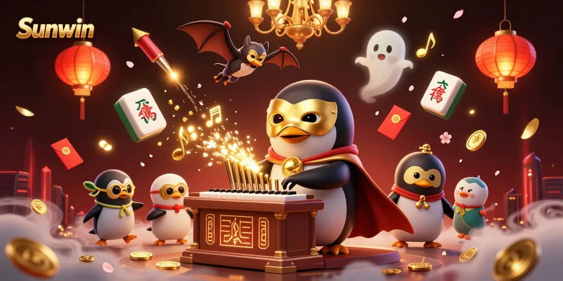 Join the excitement at Sunwin with a vibrant 3D illustration of the animated penguin character amidst thrilling casino elements.