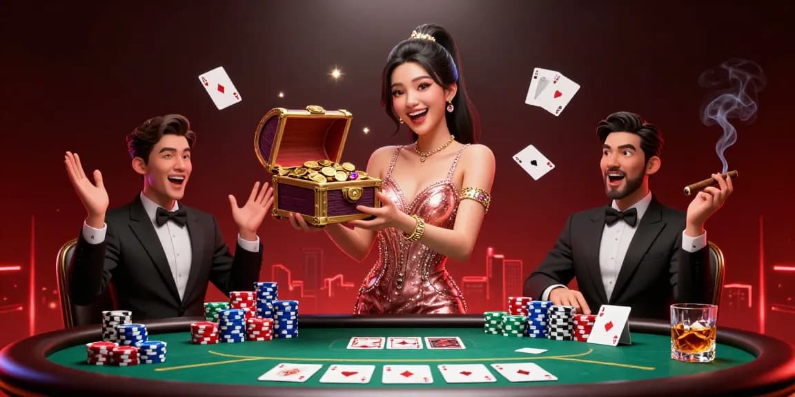 Experience vic88's vibrant casino atmosphere with a beautiful woman revealing a treasure chest of winnings.