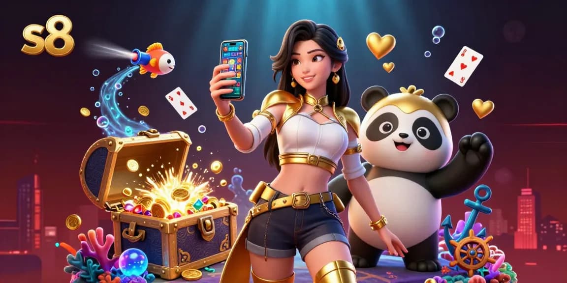 Engage with S8 as the Asian woman plays a casino game on her smartphone, with a fun golden panda mascot.