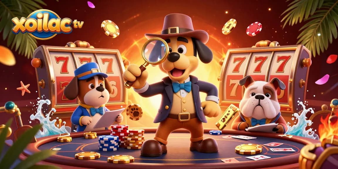 Xoilac TV features an engaging casino-themed 3D illustration with characters exploring poker elements.