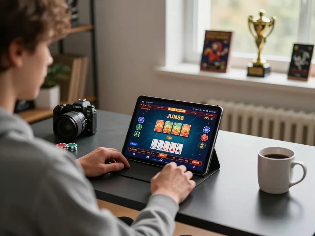 Player engaging with JUN88's tablet casino app for an immersive gaming experience.