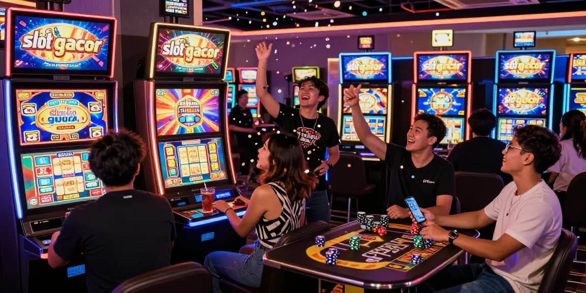 Celebrating friends playing slot gacor games at a vibrant online casino