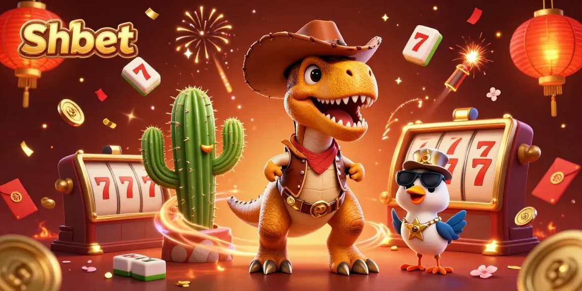 Join the thrilling gaming action at Shbet with a vibrant digital illustration showcasing a dinosaur cowboy and casino elements.