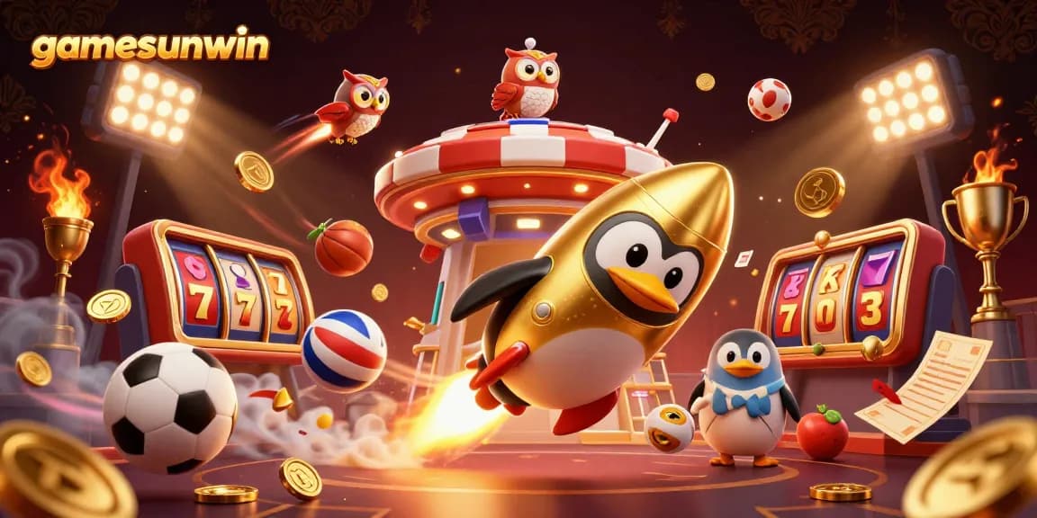 Experience gamesunwin with golden penguin soaring to a casino chip station, surrounded by dynamic slot elements.