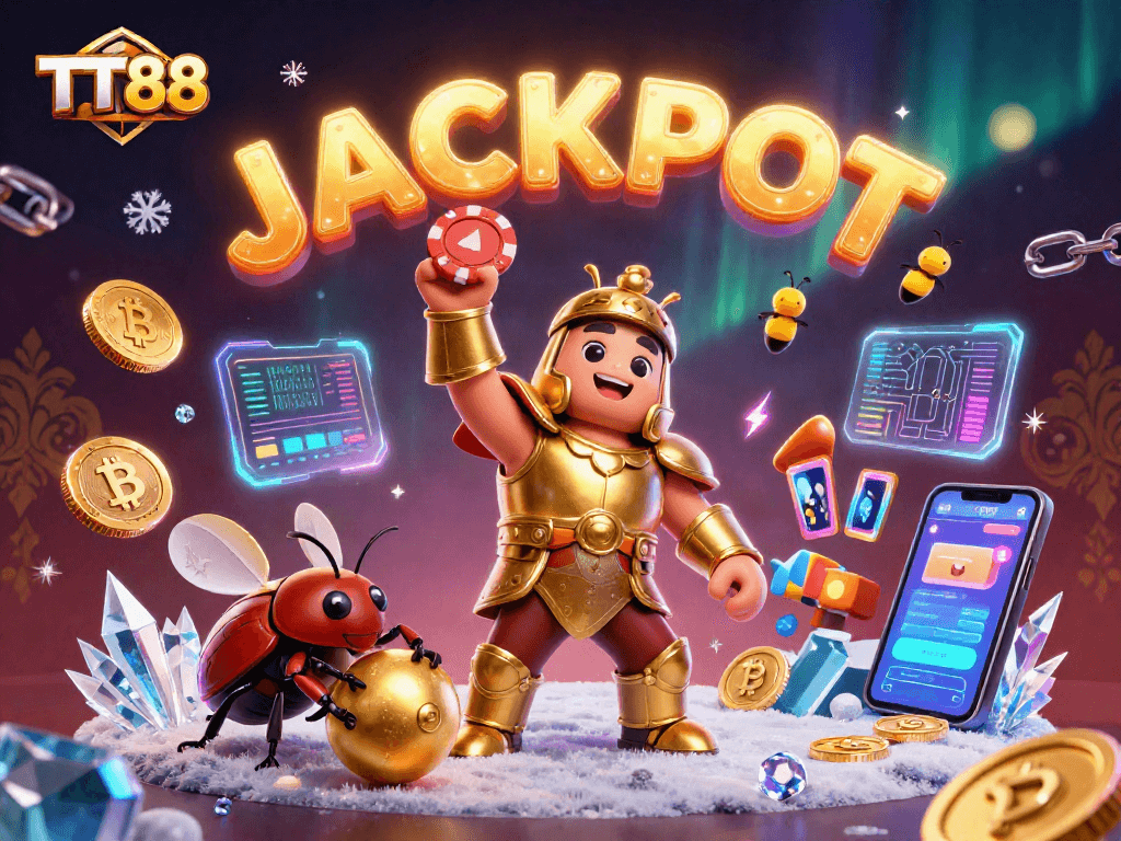 TT88 celebrates with a victorious beetle while cryptocurrency blazes in a rich casino scene.