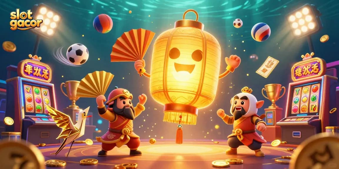 Spin the slot gacor with excitement, featuring golden lantern spirits and dynamic casino elements.