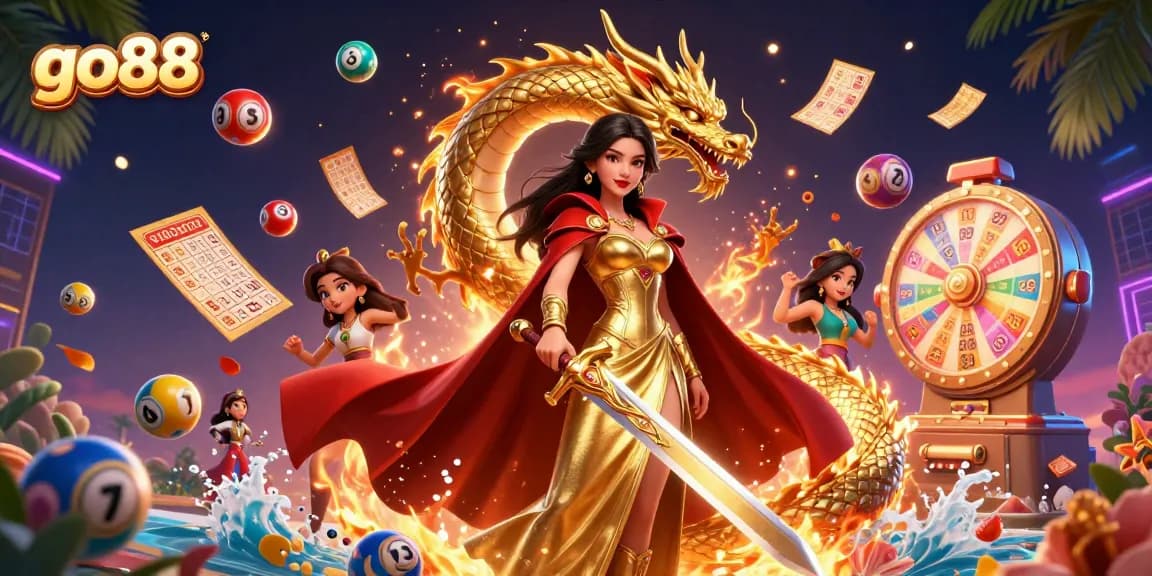 Experience thrilling gameplay at go88 with colorful lottery and casino elements featuring the warrior queen.
