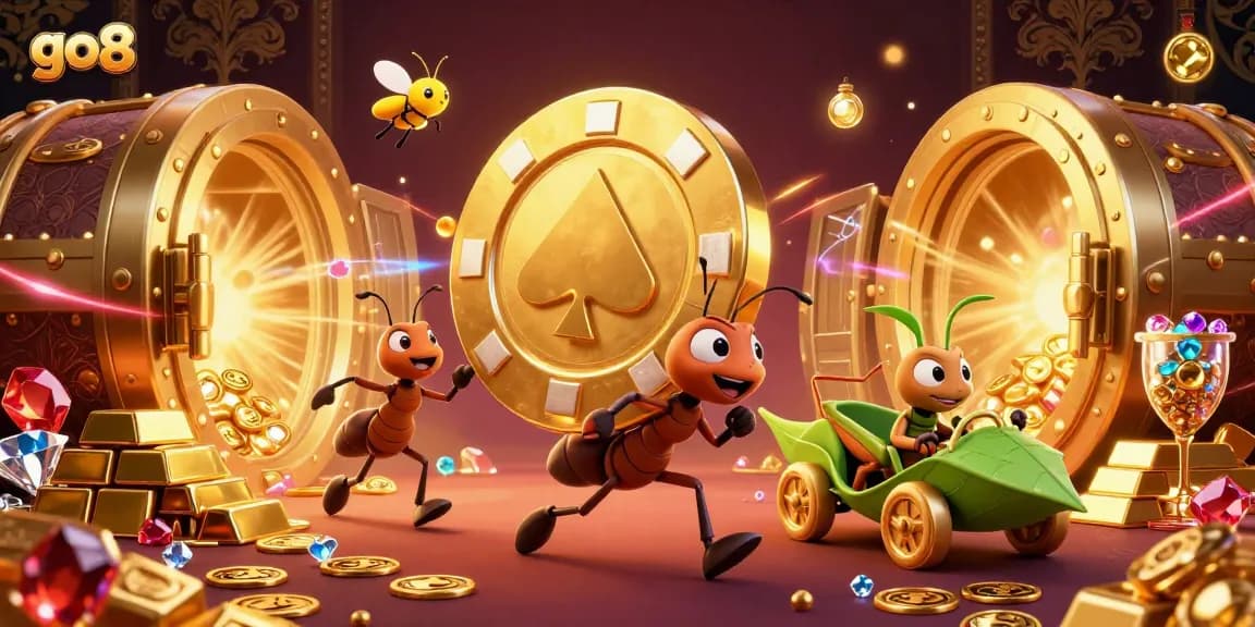 Go8 celebrates a thrilling casino heist scene with ants carrying a giant poker chip amid gold treasures.
