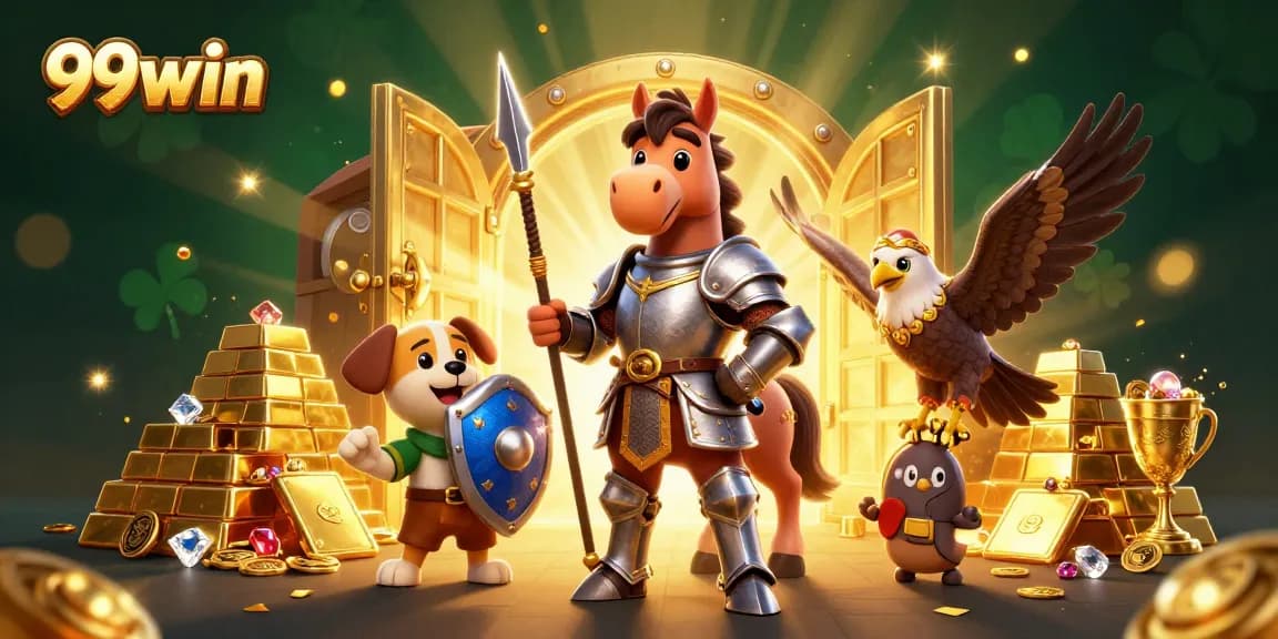 Experience exciting wins with 99win in a dynamic casino-themed illustration featuring knights and treasures.