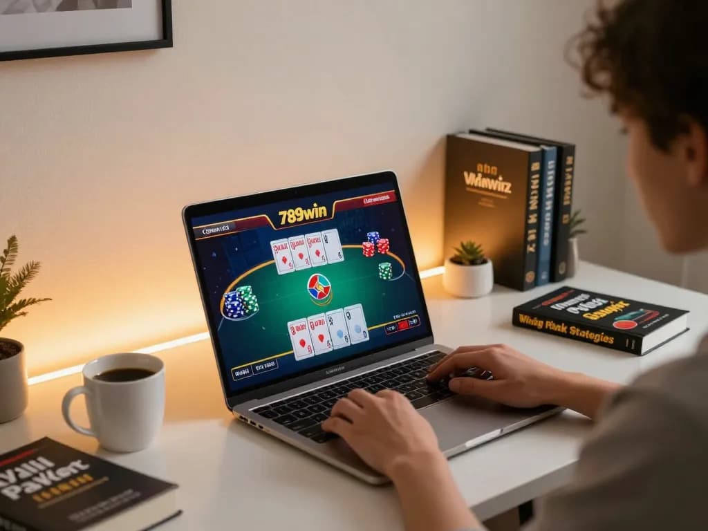 Engaged player interacting with Nhà cái 789win online casino game, showcasing live dealer action and strategic notes on desk.