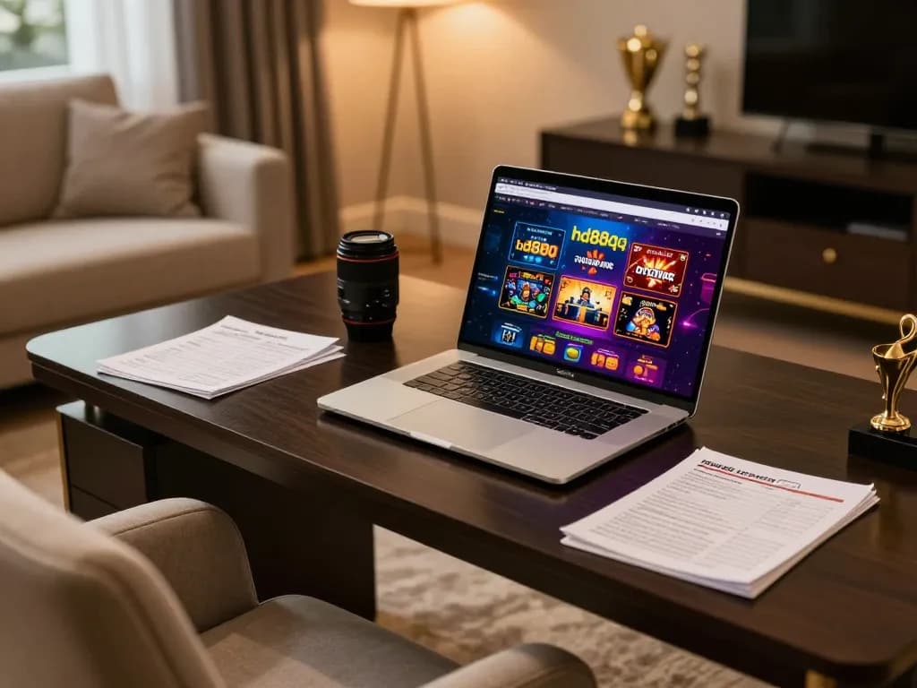 Engaged player using hd88qq online interface on a sleek laptop in a stylish home office setting.