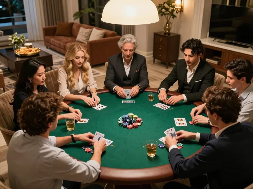 Experience an engaging poker game night with hoiquantvhd friends playing cards and enjoying drinks.