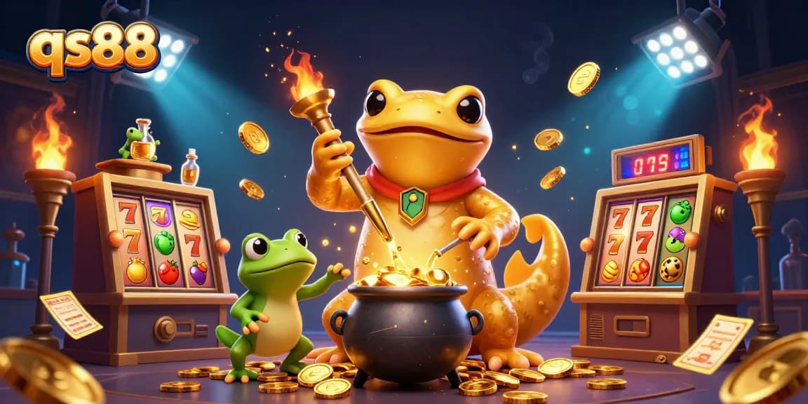 qs88 casino illustration showcasing an alchemist turning metals into gold coins amidst slot game elements.