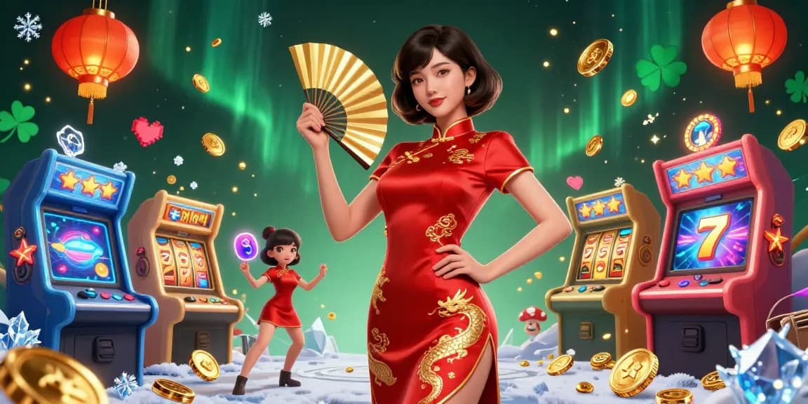 Engage with jun88 in an immersive casino scene featuring a vibrant Asian woman amidst slot reels and gold coins.