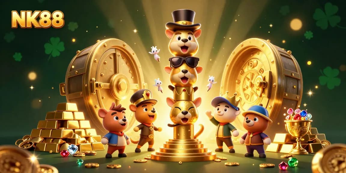Experience thrill with NK88's vibrant 3D casino illustration featuring dynamic gambling elements and rich details.