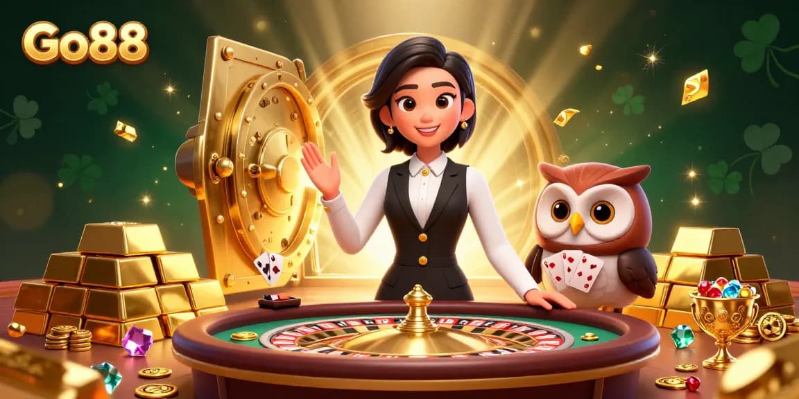 Join the excitement at Go88 with a dynamic illustration of a friendly Asian dealer and owl assistant amidst a treasure-filled casino.
