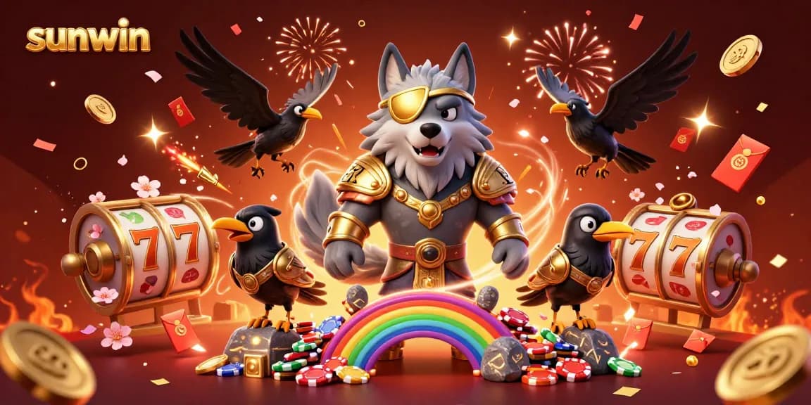 Engage in thrilling gaming action with sunwin, featuring an Odin wolf, jackpot slots, and festive elements.