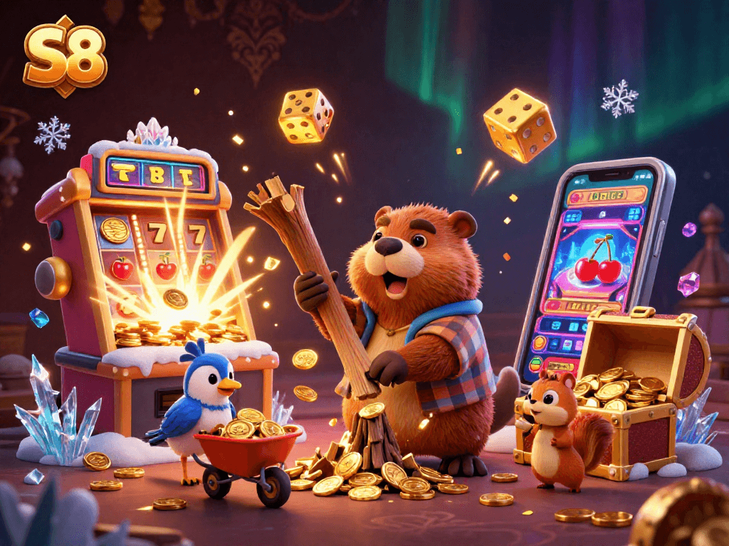 S8 players enjoying a vibrant casino scene with a beaver, bird, and squirrel celebrating a jackpot.