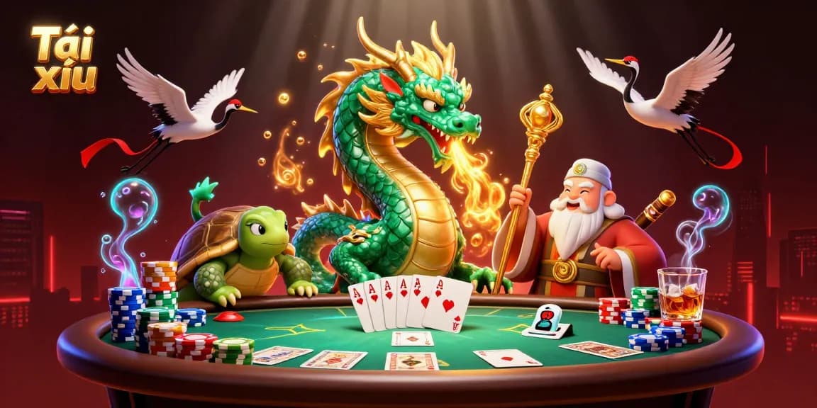 Experience thrilling Tài xỉu action with a jade dragon, lucky cranes, and vibrant casino elements.