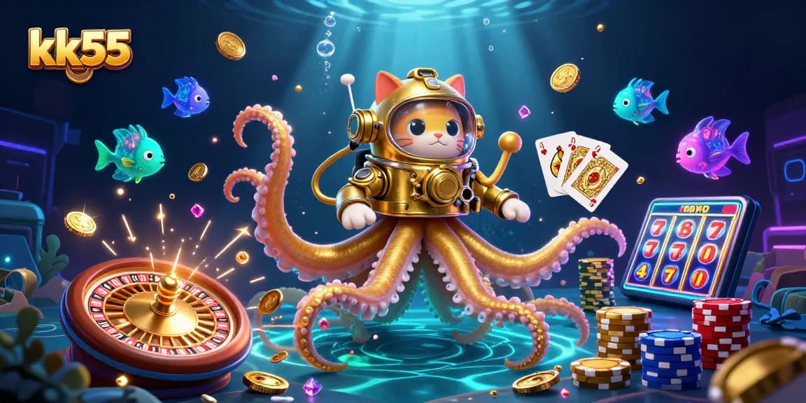 Engage in thrilling games at kk55 with a vibrant scene of a kraken, diving cat, and sparkling slots.
