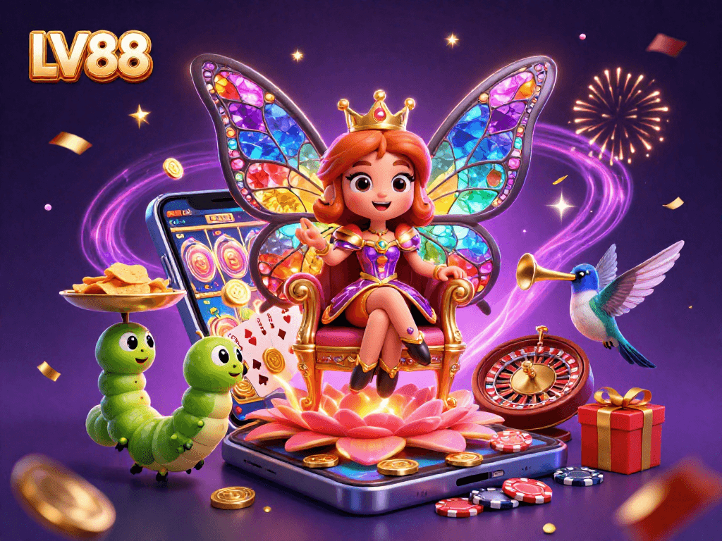 Engage with LV88's vibrant gaming experience, showcasing lively characters amidst dynamic casino elements.
