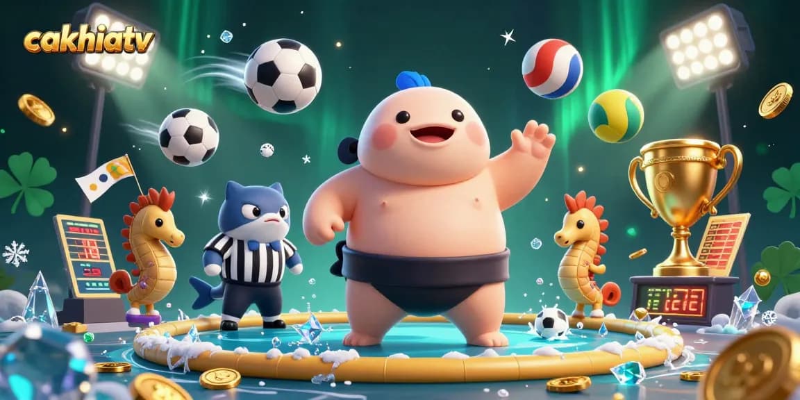 Cakhiatv showcases an exciting underwater sports scene featuring a fugu in a sumo belt with cheering spectators.