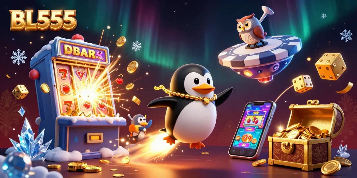 Experience thrilling gameplay at BL555 with a golden penguin and slot jackpots exploding with coins.