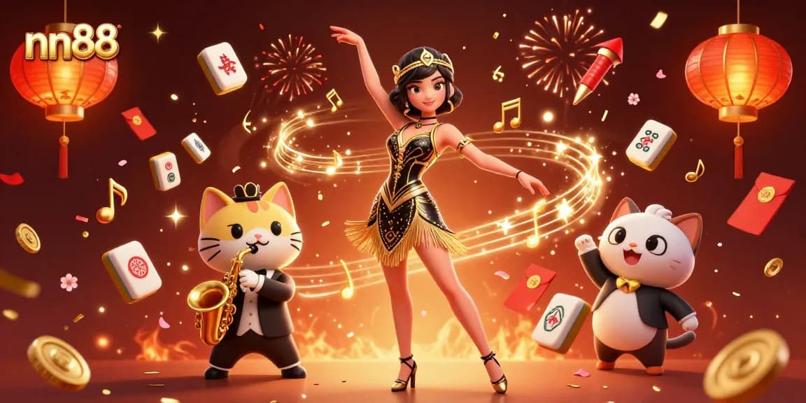 Experience high-energy casino action with nn88 featuring vibrant characters, game elements, and celebratory details.