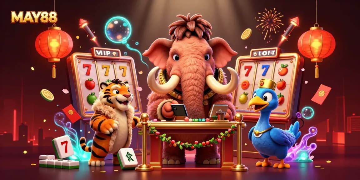Experience exciting gameplay at MAY88 with a vibrant 3D casino scene featuring interactive characters and dynamic game elements.